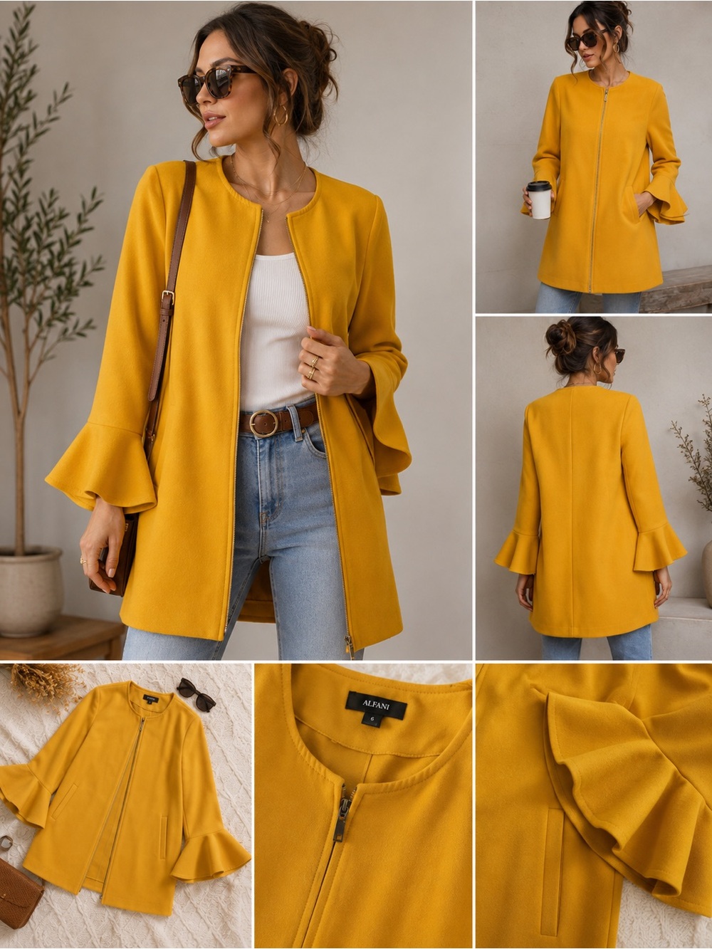 Alfani Mustard Yellow Bell Sleeve Zip Front Jacket Blazer Size M